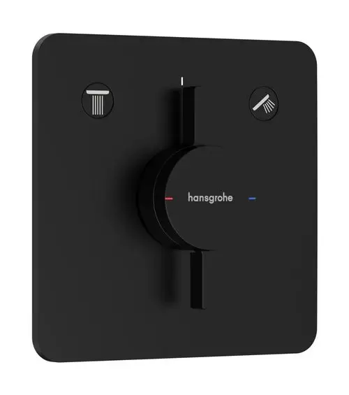 Schwarzer Unterputz-Mischer mit einem zentralen Drehknopf zur Wasserregelung und zwei Schaltern für verschiedene Auslässe, markiert mit Hansgrohe-Logo.
